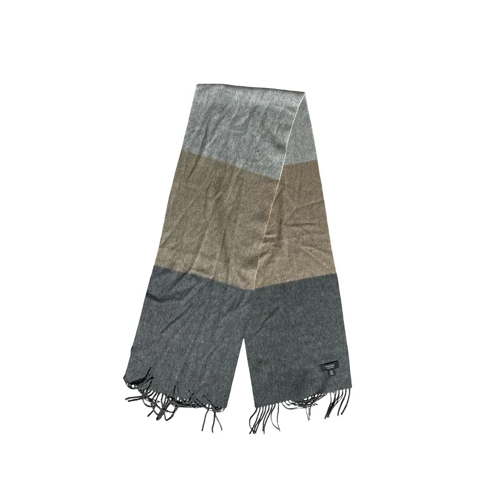 Nordstrom Men's Shop 100% Wool Colorblock Scarf Grey Tan Fringe 73x12